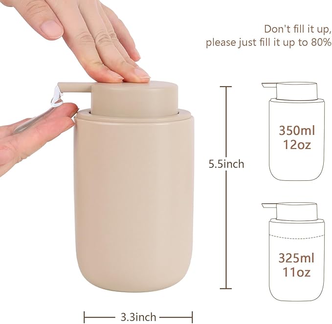 BosilunLife Khaki Soap Dispenser Set - 2 Pack 12oz Ceramic Dish Soap Dispenser with Rust Proof Pump for Kitchen, Hand Soap and Lotion Set Suitable for Farmhouse Bathroom Decor with Waterproof Labels-NeatNest