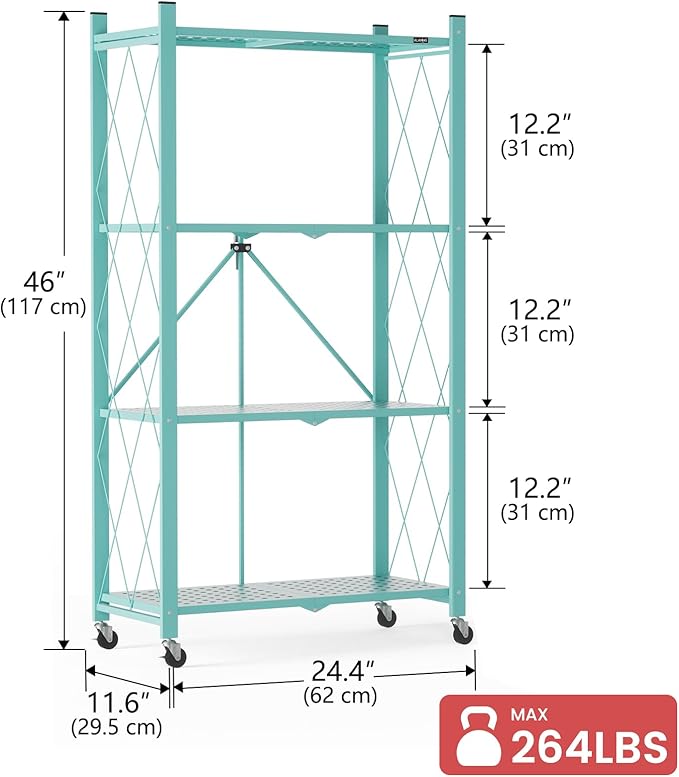 ALANNG 2-Pack Folding Bookshelf on Wheels, Cute Rolling Shelves for Bedroom, Colorful Storage Cart for Kids Rooms, Nursery, No Assembly Metal Book Shelf (4 Tier, Mint Green)