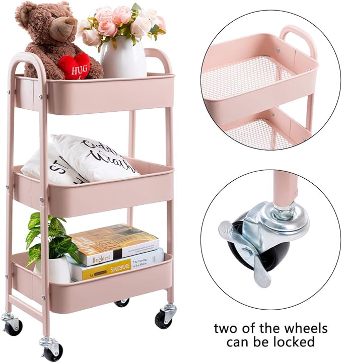AGTEK Makeup Cart, Movable Rolling Organizer Cart, 3 Tier Metal Utility Cart, Rosiness-NeatNest