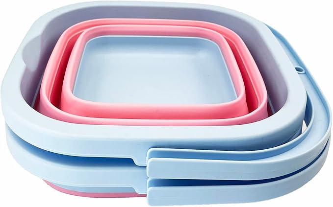 SAMMART Collapsible Rectangular Cleaning Bucket 5L (1.3 Gallon)- Foldable Camping Beach Sand Water Pot Pail- Portable Space Saving Tub for Household, Outdoor Washing (Cool Blue/Maglia Rosa (Set of 2))-NeatNest