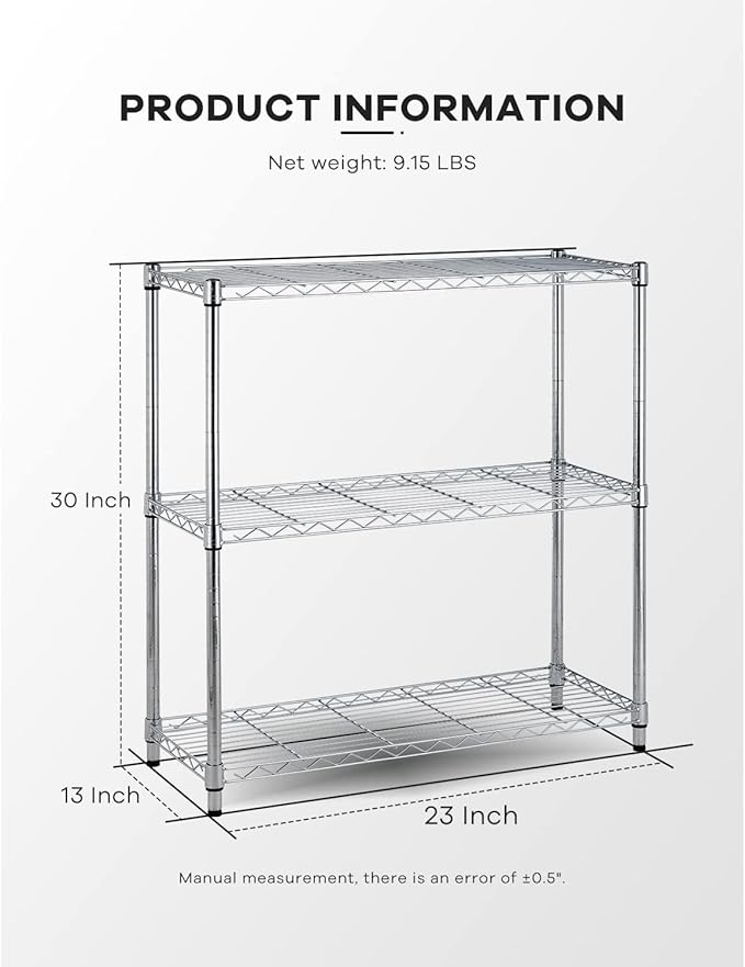 3-Tier Adjustable Wire Storage Shelving Rack, 150 Lbs Capacity Per Shelf, for Pantry Garage Kitchen - 23"x12"x30", Chrome-NeatNest