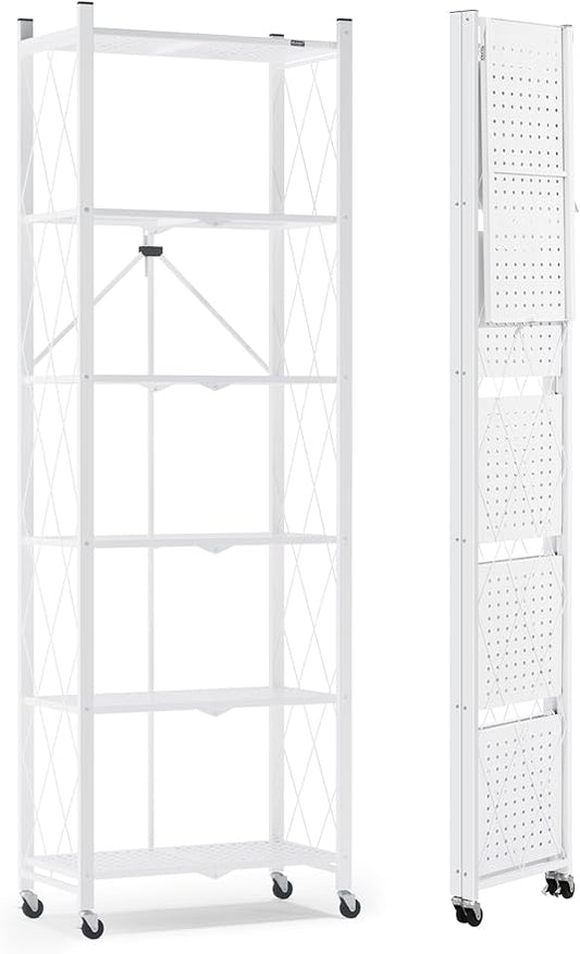 ALANNG 73.6 Inch Folding Bookshelf, 6 Tier Metal Bookcase and Bookshelves, Tall Shelves for Living Room Office Bedroom, Heavy Duty Book Shelve Free Standing Open (White, 1PACK)