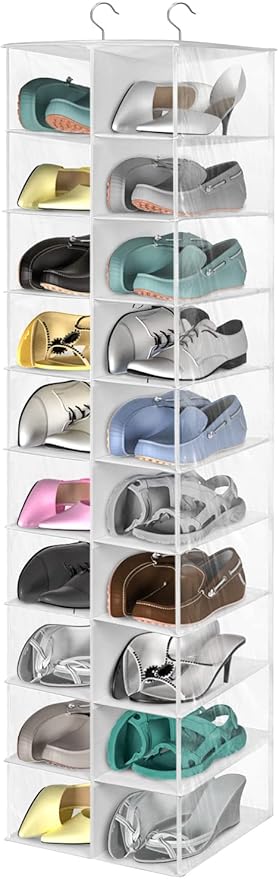 coastal rose Hanging Shoe Organizer for Closet, 20 Sections Hanging Closet Organizers and Storage Shelves, Space Saving Shoe Storage Rack Holder, Transparent White, 12''W×12''Dx 50''H-NeatNest