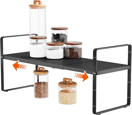 16.5-27’’L Expandable Cabinet Countertop Shelf Organizer, Stackable Metal Shelves, Kitchen Organizers and Storage, Black Storage Spice Rack for Pantry and Cupboard-NeatNest