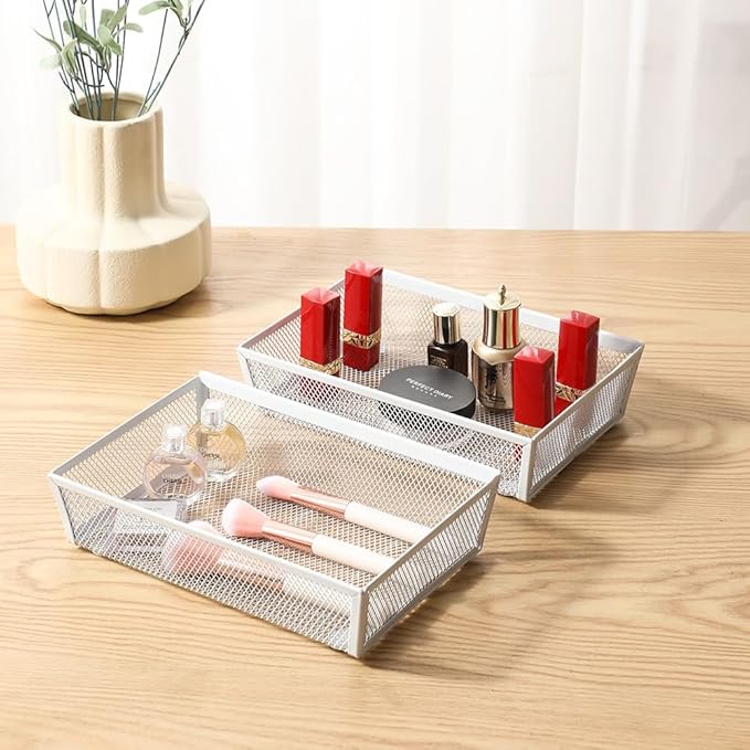 BYCY 4 Pack Silverware Drawer Organizer, Mesh Utensil Organizer for Kitchen Storage, White Steel Metal Mesh Tray for Flatware Fork Spoon Knife (9 x 6 x 2 Inch,White)-NeatNest