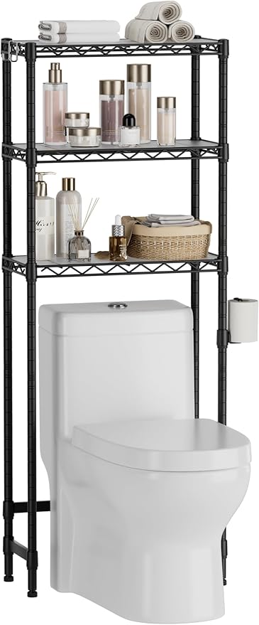 3-Tier Over The Toilet Storage Shelf,Heavy Duty Adjustable Metal Bathroom Rack with Toilet Paper Holder & Hooks,Space-Saving Organizer for Bathroom,10”D x 24”W x 66”H,Black