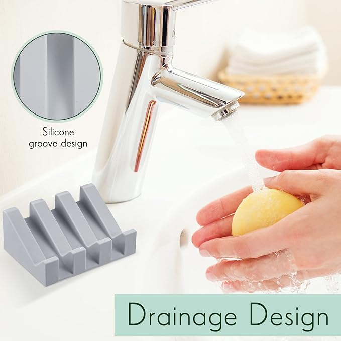 Cunhill 3 Pieces Silicone Soap Dish Self Draining Soap Dish Shower Waterfall Bar Soap Holder Tray with Drain Soap Saver for Kitchen Bathroom Accessories (Light Gray,Bright White,Black)-NeatNest