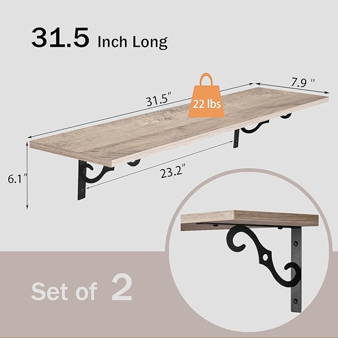 DINZI LVJ Long Wall Shelves, 31.5 Inch Large Floating Shelves Set of 2, Wide Display Shelf Wall Mounted with Brackets, Easy Hanging for Living Room, Toilet, Office, Bedroom, Greige-NeatNest