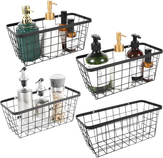 4 set Hanging Wall Basket Organizer,Over the Cabinet Door Wire Baskets for Organizing -Space-Saving Hanging Baskets for Organizing,Wall Mount Storage,No Drilling Adhesive Wall Storage Basket, Black-NeatNest