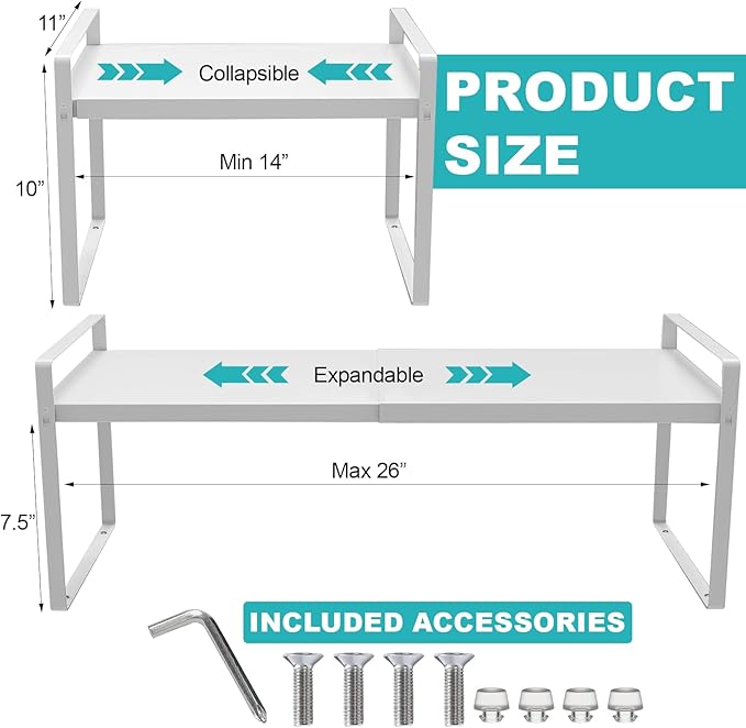 Expandable Cabinet Shelf, Lengths Adjustable Shelf Organizer Riser, Metal Space-Saving Cupboard Organizers for Kitchen Cabinet Pantry Cupboard Under Sink Countertop, White-NeatNest