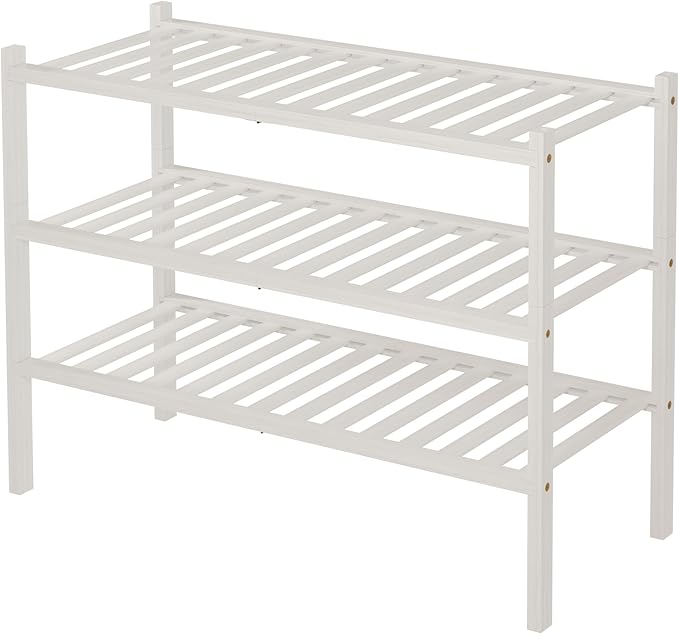 3 Tier Bamboo Shoe Rack for Closet Free Standing Wood Shoe Shelf Storage Organizer for Entryway Small Space Stackable 27"x11"x20" (White)-NeatNest