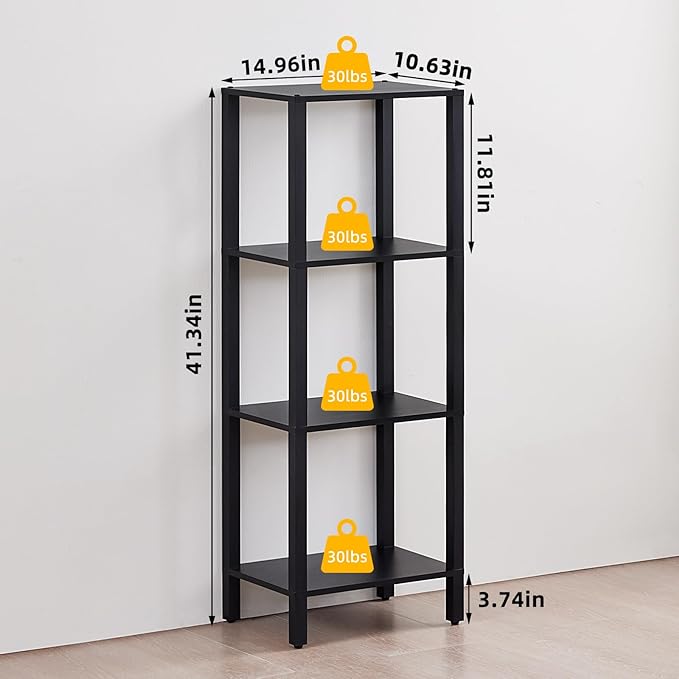 4 Tier Tall Wooden Bookshelf with Storage - Small Bookcase for Small Spaces, Shelf for Living Room, Office, Bedroom, Kitchen - Industrial Modern Black Book Shelf