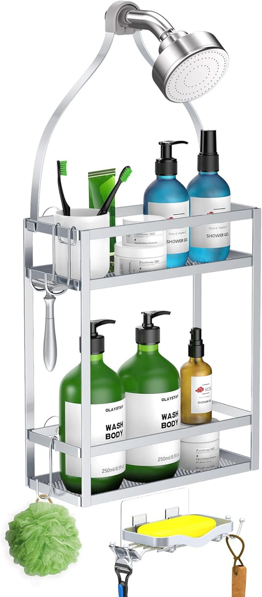 Meangood Shower Caddy Organizer with Soap Holder, Mounting Over Shower Head Or Door, Extra Wide Space for Shampoo, Conditioner, and Soap with Hooks for Razorsand More, Matte Silver