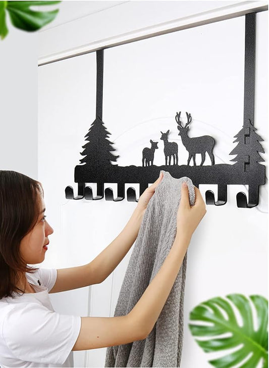 Over The Door Hook Easy Installation Organizer Coat Hooks Wall Mounted Metal Towel Hook Rack Animal Deer Hanger for Bathrooms Door Hanging Dual Mounted Key Hooks 8-Hooks,Black