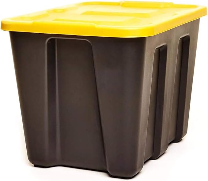 HOMZ 18 Gallon Durabilt Storage Bins, Pack of 4 Heavy Duty Plastic Containers, Secure Snap Lids, Break and Blemish Resistant, Stackable, Nestable, Organizing Totes, Black/Yellow