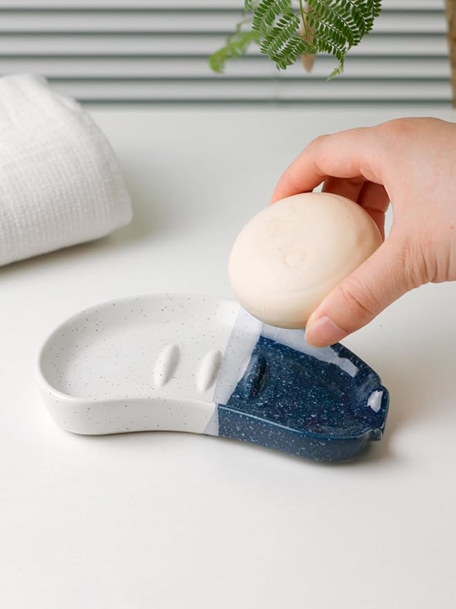 Ceramic Soap Dish – Blue & White Split-Glazed Porcelain Soap Holder with Drainage Grooves, Modern Sink or Bathroom Accessory, Stylish and Easy to Clean-NeatNest