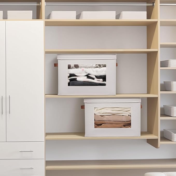 Univivi Storage Boxes with Lids Fabric Foldable Storage Bin for Clothes, [3-Pack] Closet Organizer Containers boxes with Handles for Home, Bedroom, Closet Storage (Beige,17” x 12” x 12")-NeatNest