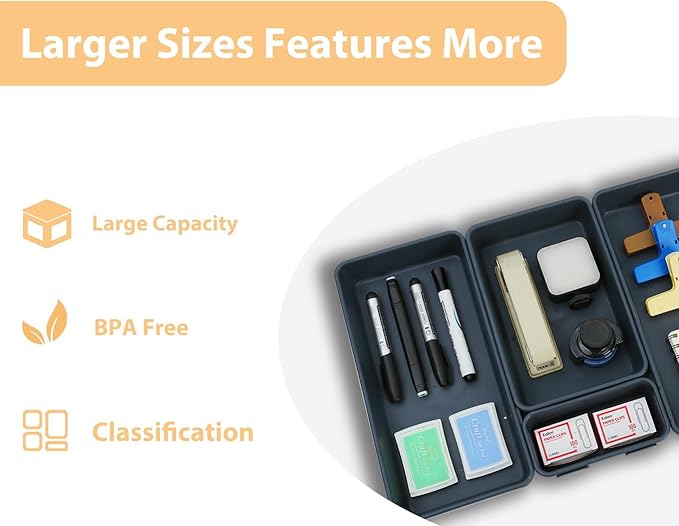 6 PCS Large Drawer Organizer, 3 Sizes Plastic Versatile Desk Drawer Organizer Trays, Kitchen Drawer Organization and Plastic Storage Bins for Makeup, Vanity, Kitchen, Utensils, Office, Bathroom-NeatNest