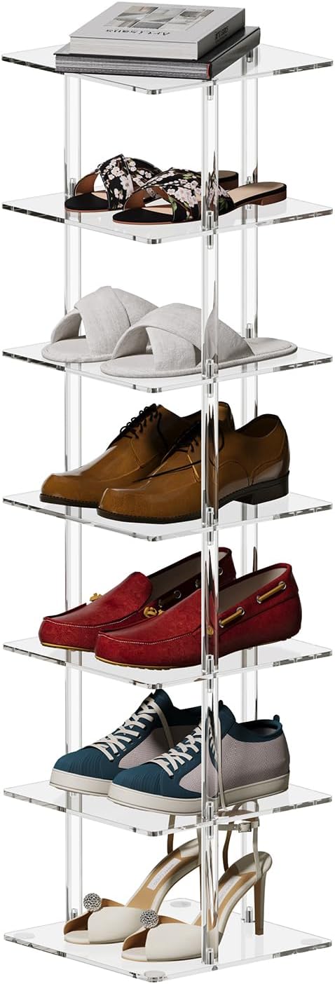 Aquiver Acrylic Vertical Shoe Rack - Free Standing Shoe Rack 7 Tier Shoe Storage Organizer Narrow Shoe Rack for Small Spaces, Entryways, Living Rooms, Bedrooms, 11'' L x 11'' W x 41.7'' H-NeatNest