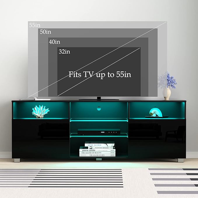 High Glossy LED Black TV Stand for 55/60/65 inch TV,Modern LED Entertainment Center with Adjustable Storage Shelves,Game Console Entertainment Center,TV Table Media Furniture (47inch, Black)-NeatNest