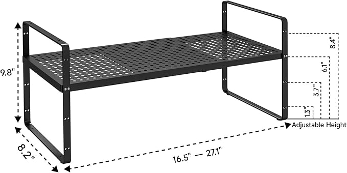 16.5-27’’L Expandable Cabinet Countertop Shelf Organizer, Stackable Metal Shelves, Kitchen Organizers and Storage, Black Storage Spice Rack for Pantry and Cupboard-NeatNest