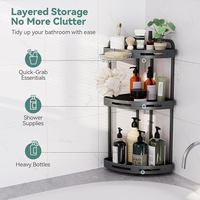 Corner Shower Caddy Standing, 3-Tier Rustproof Shower Organizer with Soap Holder, Aluminum Shower Shelf Stand for Bathroom Storage, Gray