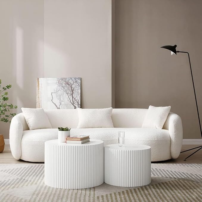 Nesting Coffee Table Set of 2, Modern Wooden Round Coffee Tables for Living Room, Circle Accent End Table Center Table for Small Spaces Bedroom Balcony Office, No Assembly Required, White