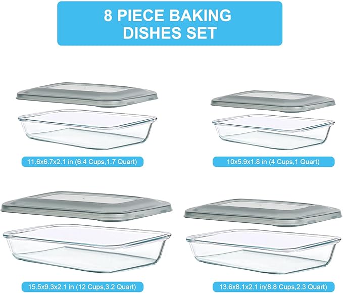 8 Pieces Glass Baking Dish with Lids Rectangular Glass Baking Pan Bakeware Set with Lids, Baking Pans for Lasagna, Leftovers, Cooking, Kitchen, Fridge-to-Oven, Gray