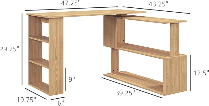 HOMCOM L Shaped Corner Desk, 360 Degree Rotating Home Office Desk with Storage Shelves, Writing Table Workstation, Maple-NeatNest