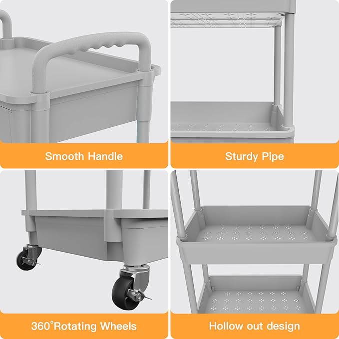 3 Tier Rolling Utility Cart with Drawer,REBECAT Utility Cart Made of Multifunctional Storage Organizer Tool for Kitchen,Bathroom,Living Room,Office(Gray)-NeatNest