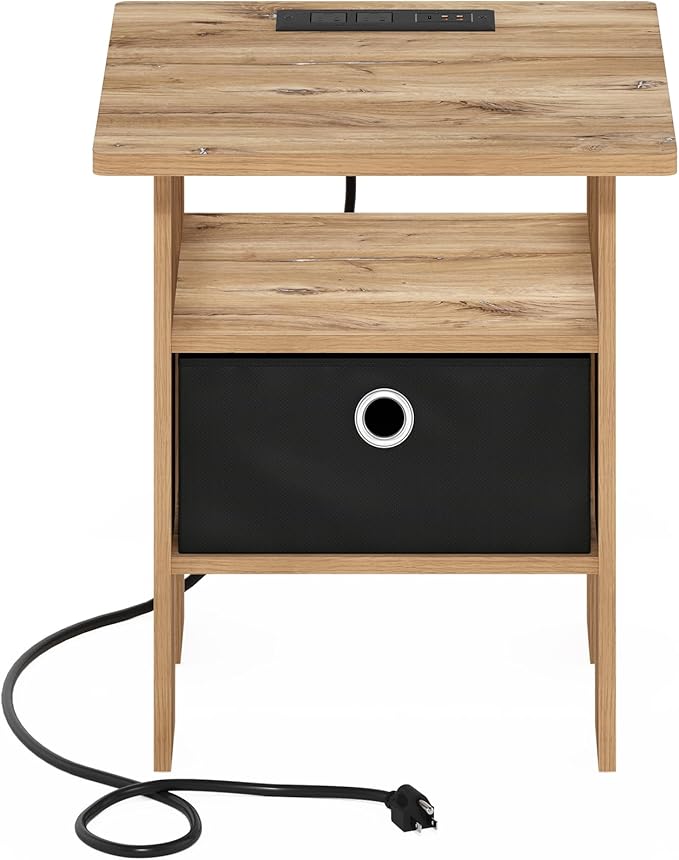 Furinno Andrey USB and Type-C Port Charging Station End Table with Storage Bin, 15.55 (W) x 12.56 (H) x 8.5 (D) inches, Flagstaff Oak/Black