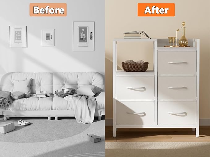 Furnulem 5 Drawer White Dressers for Bedroom 2 Tier Shelf Storage Small Fabric Dresser for Closet Sturdy Metal Frame Modern Style Storage Cabinets Organization Units for Hallway Rooms-NeatNest