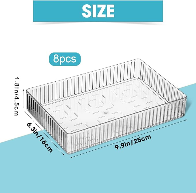 8 Pcs Clear Drawer Organizers Bins Stackable Makeup and Vanity Organizer Trays Clear Plastic Drawer Organizers Set for Office Desk Dividers(9.9 x 6.3 x 1.8 Inches)