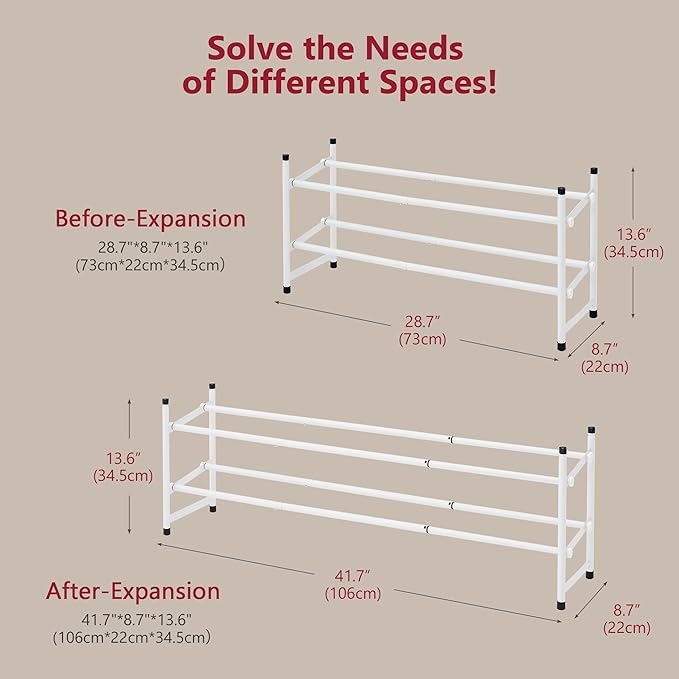 Tajsoon Expandable Shoe Rack for Closet 2 Tier, 28“-41“ Adjustable & Stackable Shoe Shelf Storage, Metal Shoe Rack Organizer for Front Door Entrance, Closet, Garage, Entryway, White-NeatNest