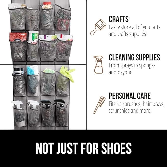 GORILLA GRIP Over the Door Shoe Organizer, 24 Large Breathable Mesh Pockets, Space Saving Hanging Storage Holder, Closet Rack Hanger Holds Up to 40 lbs, Hangs on Closets for Shoes, Accessories, Gray-NeatNest