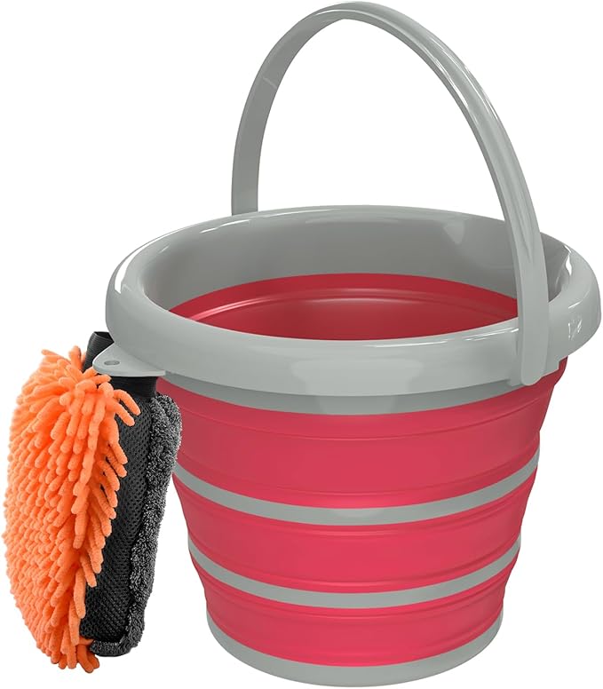 Collapsible Wash Bucket with Microfiber Mitt, 10L (2.6 Gallon) Portable Collapsiblle Bucket with Handle for Car Wash Household Cleaning, Multiuse Collapsibles Water Bucket and Car wash mitt - Pink-NeatNest