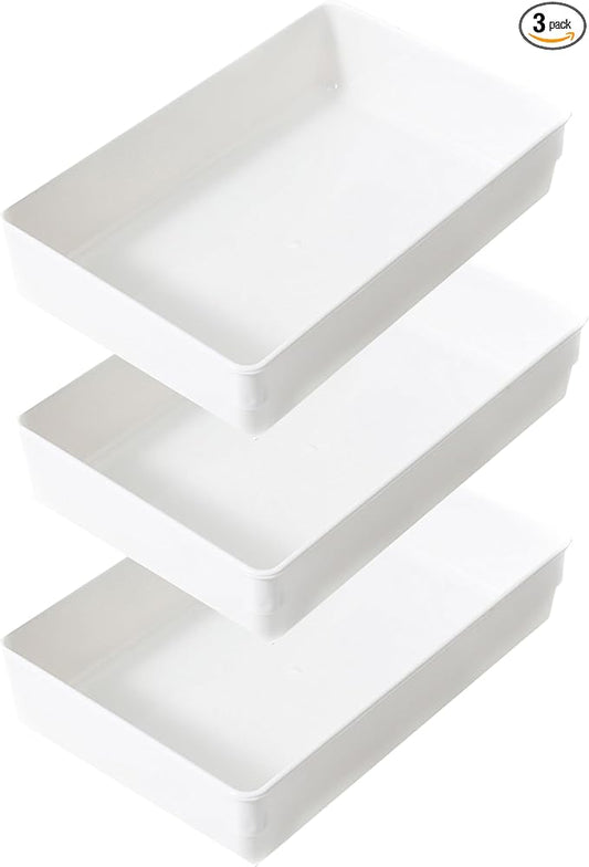 ihomecooker 3 Pack White Plastic Drawer Organizer Tray Cutlery Utensil Makeups Drawer Organizers 9" X 6"-NeatNest