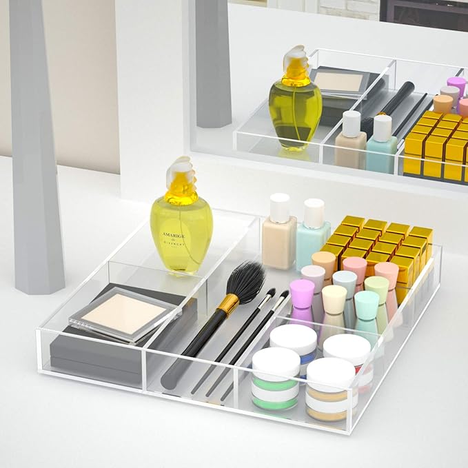 HIIMIEI Acrylic Drawer Organizer, 6 Section Clear Makeup Tray Organizer for Drawer Office Bedroom(11.8x11.8 inch)-NeatNest