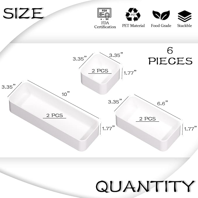 CHANCETSUI 6 PCS Stackable Drawer Organizers Set, Versatile Desk and Vanity Drawer Organizer Trays, Storage Bins for Makeup, Bathroom, Bedroom, Kitchen and Office, White-NeatNest