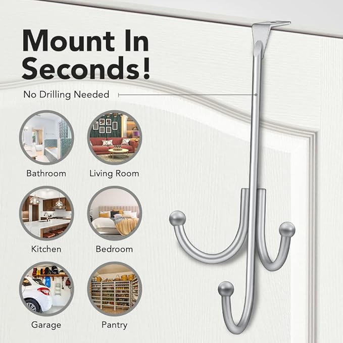 2-Pack Over The Door Hook - with 3 Hang Heads & Snug Fit Pads- 2Pcs Heavy Duty Hooks for Hanging Coats, Towels, Caps & Robes - Elegant Matt Finish - No Drill Hanger Organizer - Silver