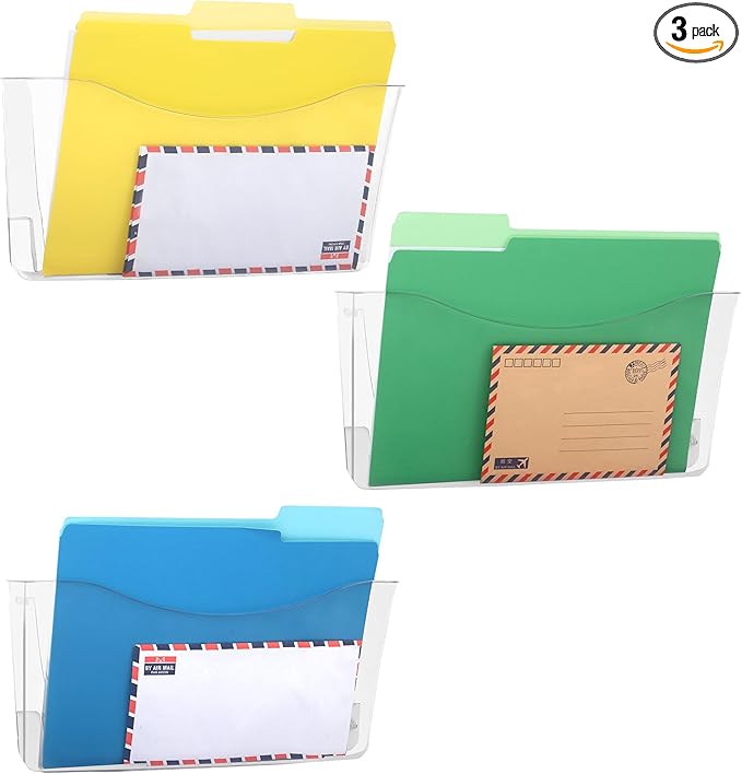 COSYAWN 3 Pack Clear Single Pocket Wall Mounted File Organizer, Plastic Hanging Wall File Holder, Clear Wall Mail Magazines Folder Organizer for School Home and Office-NeatNest