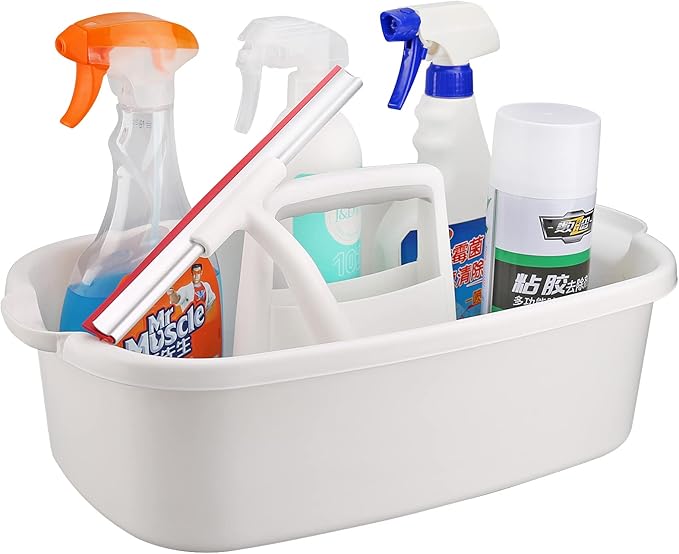 Cleaning Supplies Caddy, Household Tool Organizer with Handle, Portable Plastic Bucket for Shower Essentials Storage, White-NeatNest