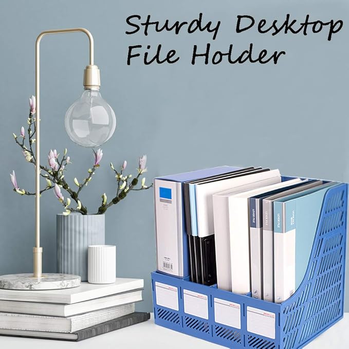Lemical File Holder Desktop Filing File Box 4 Compartments Vertical File Organizer Magazine Rack Book Holder Frames Binder Holder for Home Office School (Blue)