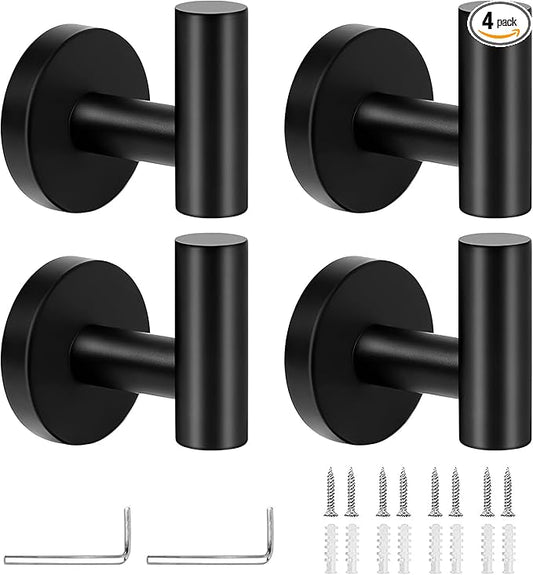 4PCS Bathroom Towel Hook, Black Coat Robe Hook Matte Black, Stainless Steel Wall Hook for Bathroom Bedroom Kitchen Cabinet Closet Hotel, Heavy Duty Drill-Installed Door/Wall Hanger