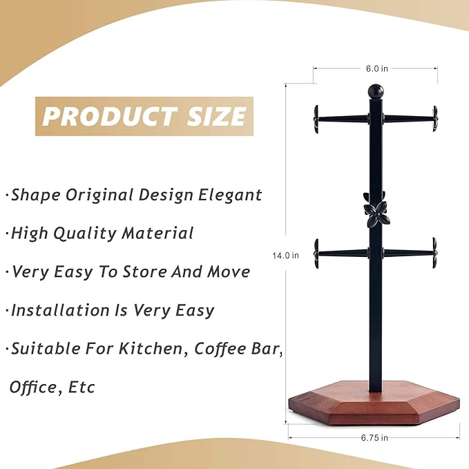 Coffee Mug Holder, Mug Tree for Counter, Cup Holder with 6 Floral Hooks, Wooden Mug Rack, Mug Stand for Counter, Coffee Bar Station Organizer, Black-NeatNest