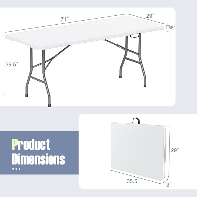 Goplus 6ft Plastic Folding Table, 350 LBS Outdoor Heavy Duty Folding Tables with HDPE Tabletop, Handle, Lock, Foldable Rectangle Portable Utility Card Table for Picnic, Party, Camping, Dining-NeatNest