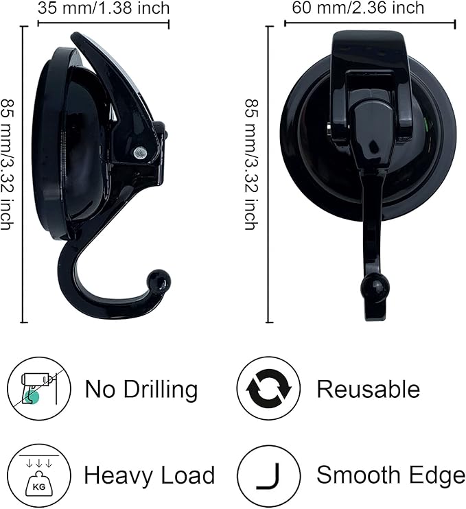 Heavy Duty Vacuum Suction Shower Hooks - Glass Suction Cup Bathroom Robe Hooks, Reusable, No Hole Punched, for Garland Decoration (Black, 6 Pack)