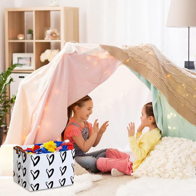 CLOCOR Heart Rectangular Basket, Cute Pattern Storage Bin, Collapsible Waterproof Storage Box with Handles for Kids, Gift Baskets, Shelf Basket (Black Hearts)-NeatNest