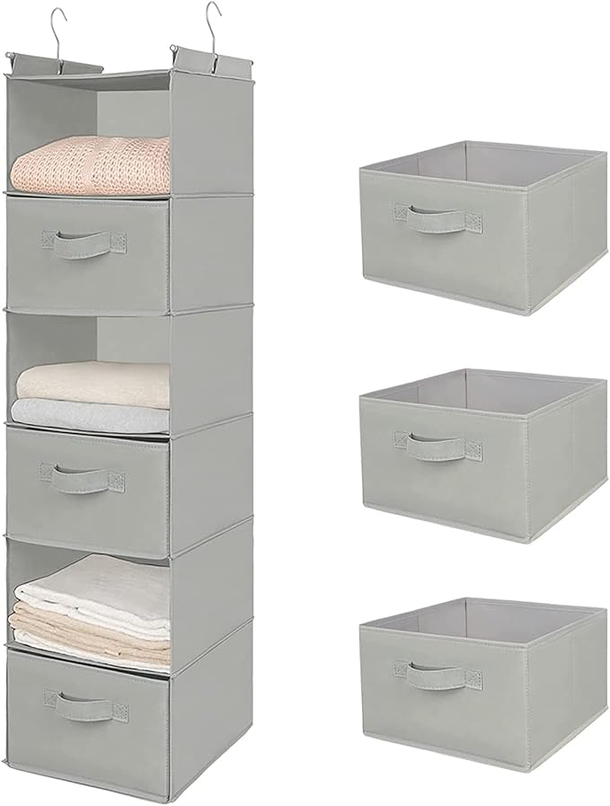 MAX Houser 6 Tier Shelf Hanging Closet Organizer, Closet Hanging Shelf with 2 Sturdy Hooks for Storage, Foldable (Light Grey-D3)-NeatNest