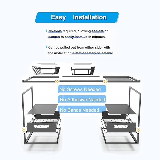 FOXMIND Under Sink Organizer,Double Drawers Large Volume 2 Tier Slide Out Sink Shelf Cabinet Storage Shelves,Adjustable Width(23.6"-29.5"),2 Adjustable Basket,Black-NeatNest